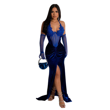 Fashion Women's Solid Color Halter Neck Slit Sexy Long Dress