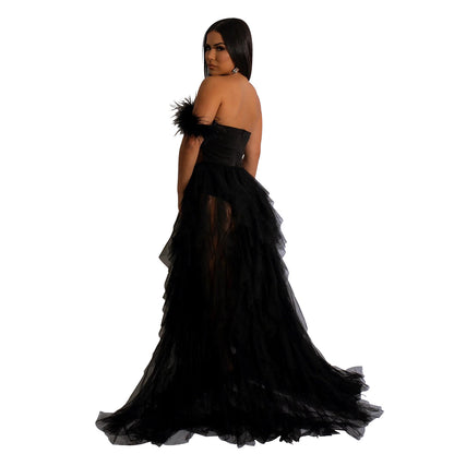 European and American Fashion Women's Solid Color Sleeveless Tube Top Mesh Long Dress