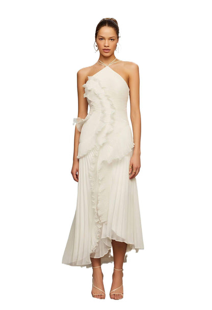 Summer Women's New Fashion Elegant Socialite Ruffled Pleated Halter Neck Strap Dress Long Dress for Women