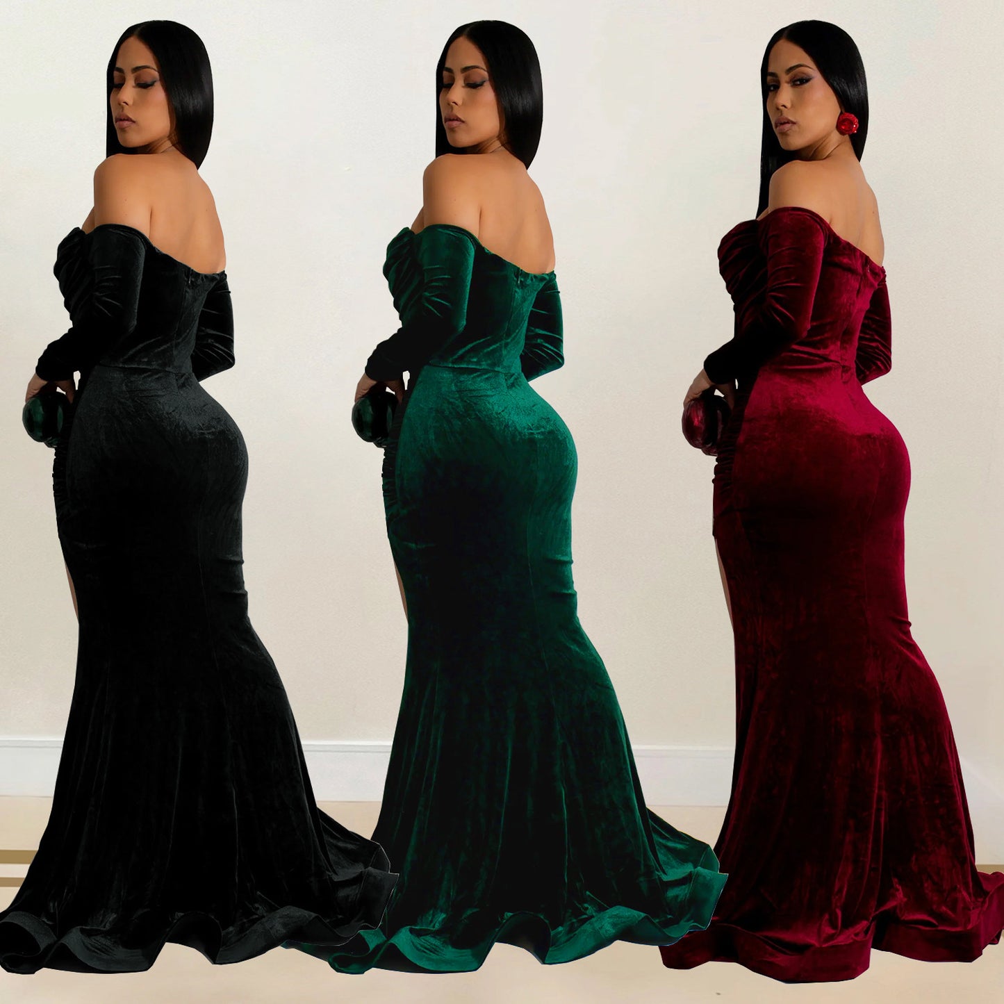 European and American Fashion Women's Solid Color Slit Evening Dress Low-Cut Dress New