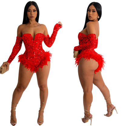 European and American Fashion Women's Solid Color Sequin Long Sleeve Short Jumpsuit