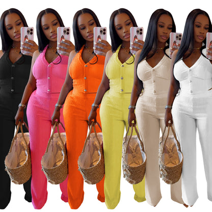 European and American Fashion Women's Casual Halter Neck Tie Top and Long Pants Two-Piece Set