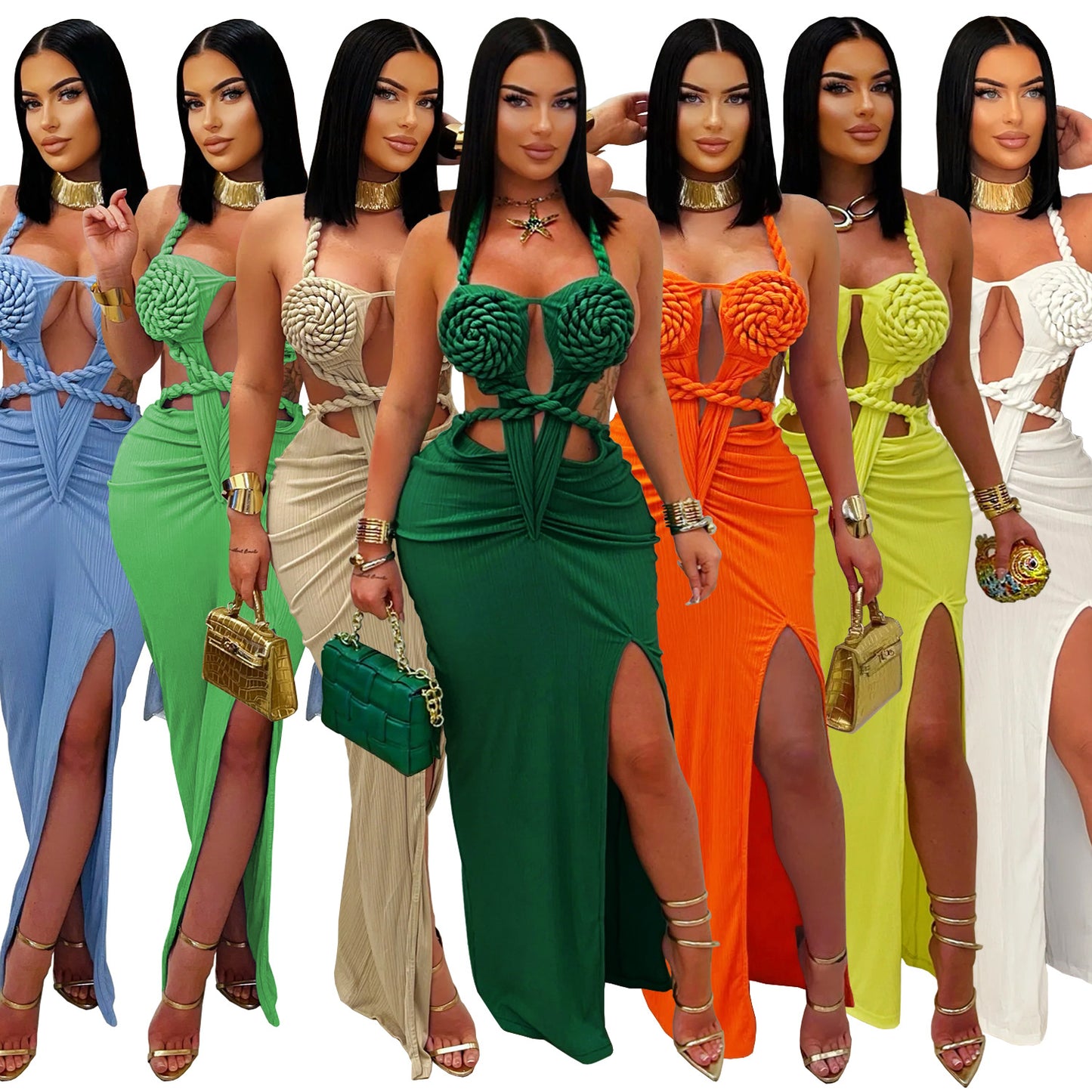 Fashion Women's Sexy Knitted Halter Backless Solid Color Dress