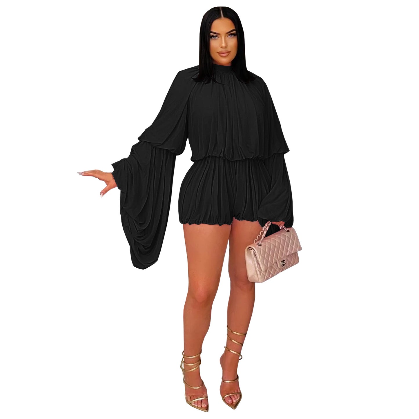 Fashion Women's Fashion Casual Pleated Solid Color Jumpsuit Shorts New