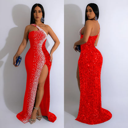 Fashion Women's Solid Color Rhinestone Sequin Sleeveless Long Dress