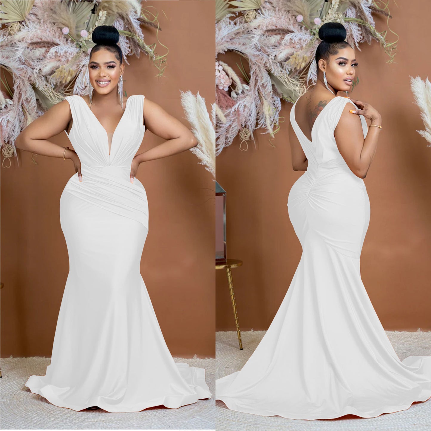 Fashion Women's Solid Color V-Neck Sleeveless Ruched Long Dress