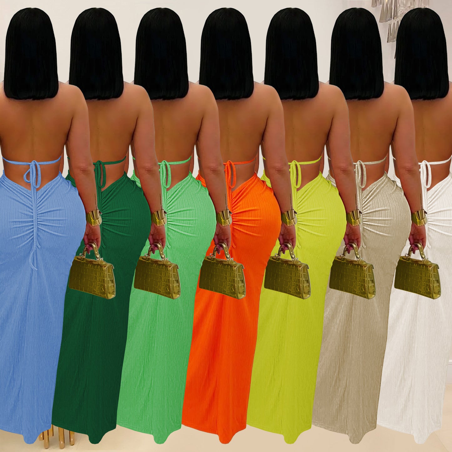 Fashion Women's Sexy Knitted Halter Backless Solid Color Dress