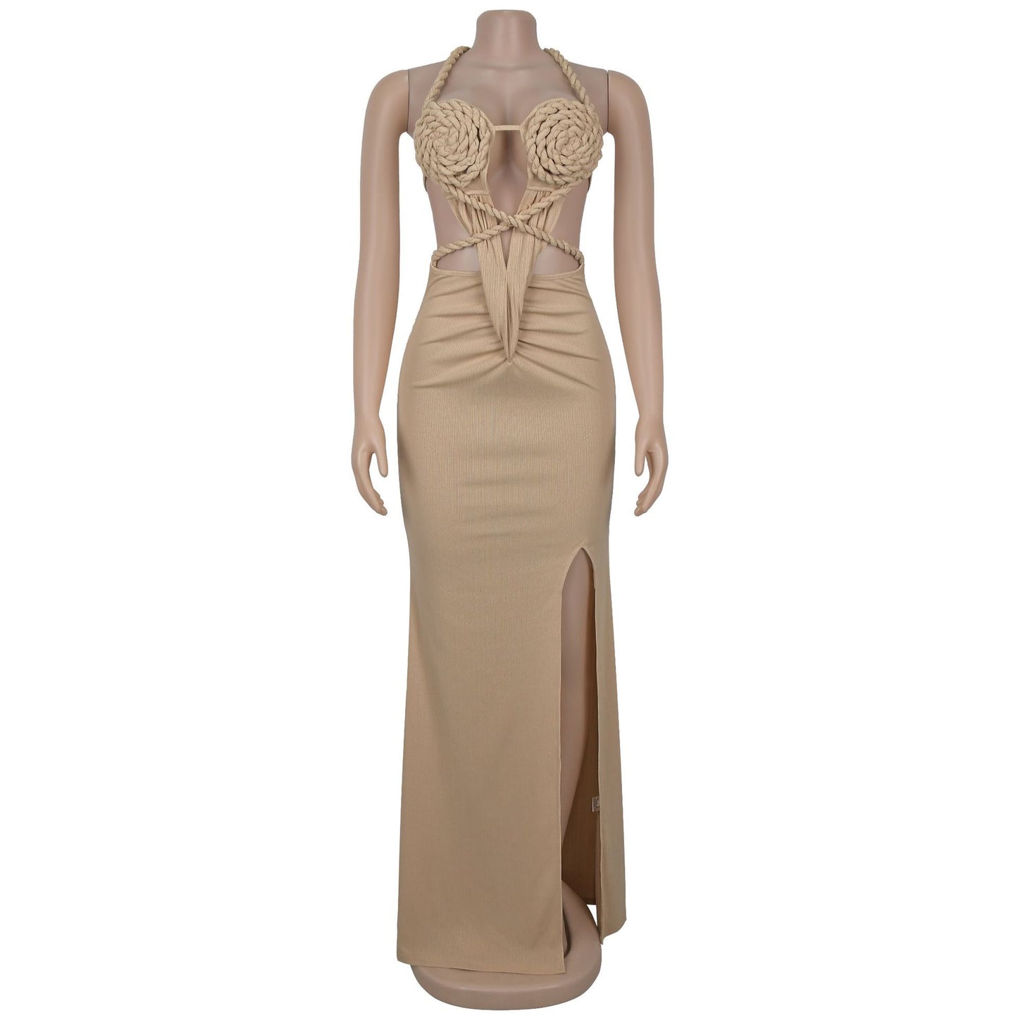 Fashion Women's Sexy Knitted Halter Backless Solid Color Dress