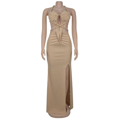 Fashion Women's Sexy Knitted Halter Backless Solid Color Dress