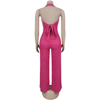 European and American Fashion Women's Casual Halter Neck Tie Top and Long Pants Two-Piece Set