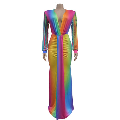 European and American Fashion Women's Pleated Color Block Casual Long Dress