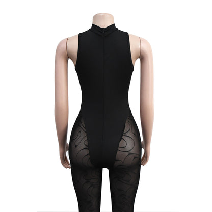 European and American Fashion Women's Solid Color Floral Mesh Sleeveless Long Pants Jumpsuit for Women