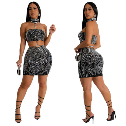 European and American Fashion Women's Sleeveless Strap Rhinestone Set Dress