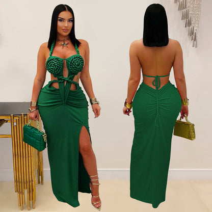 Fashion Women's Sexy Knitted Halter Backless Solid Color Dress