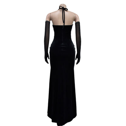 Fashion Women's Solid Color Halter Neck Slit Sexy Long Dress