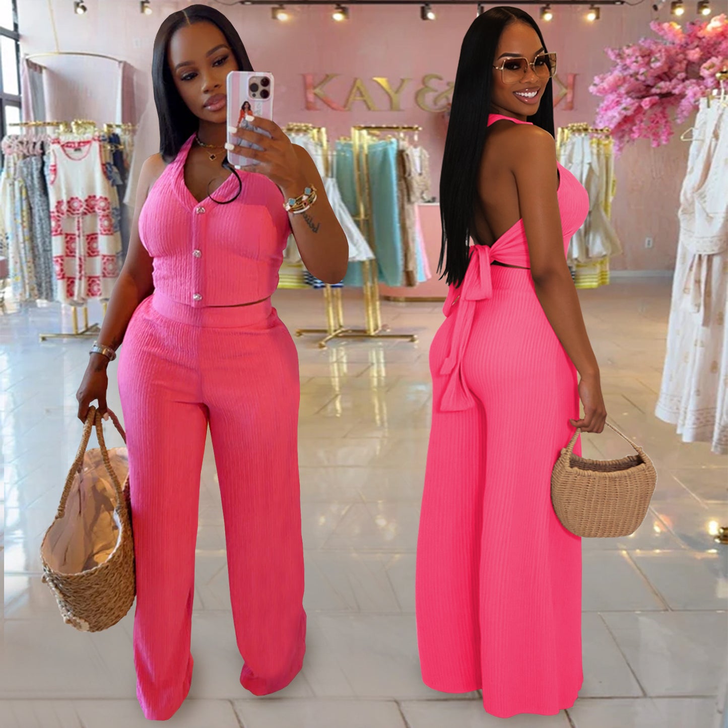 European and American Fashion Women's Casual Halter Neck Tie Top and Long Pants Two-Piece Set