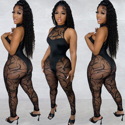 European and American Fashion Women's Solid Color Floral Mesh Sleeveless Long Pants Jumpsuit for Women