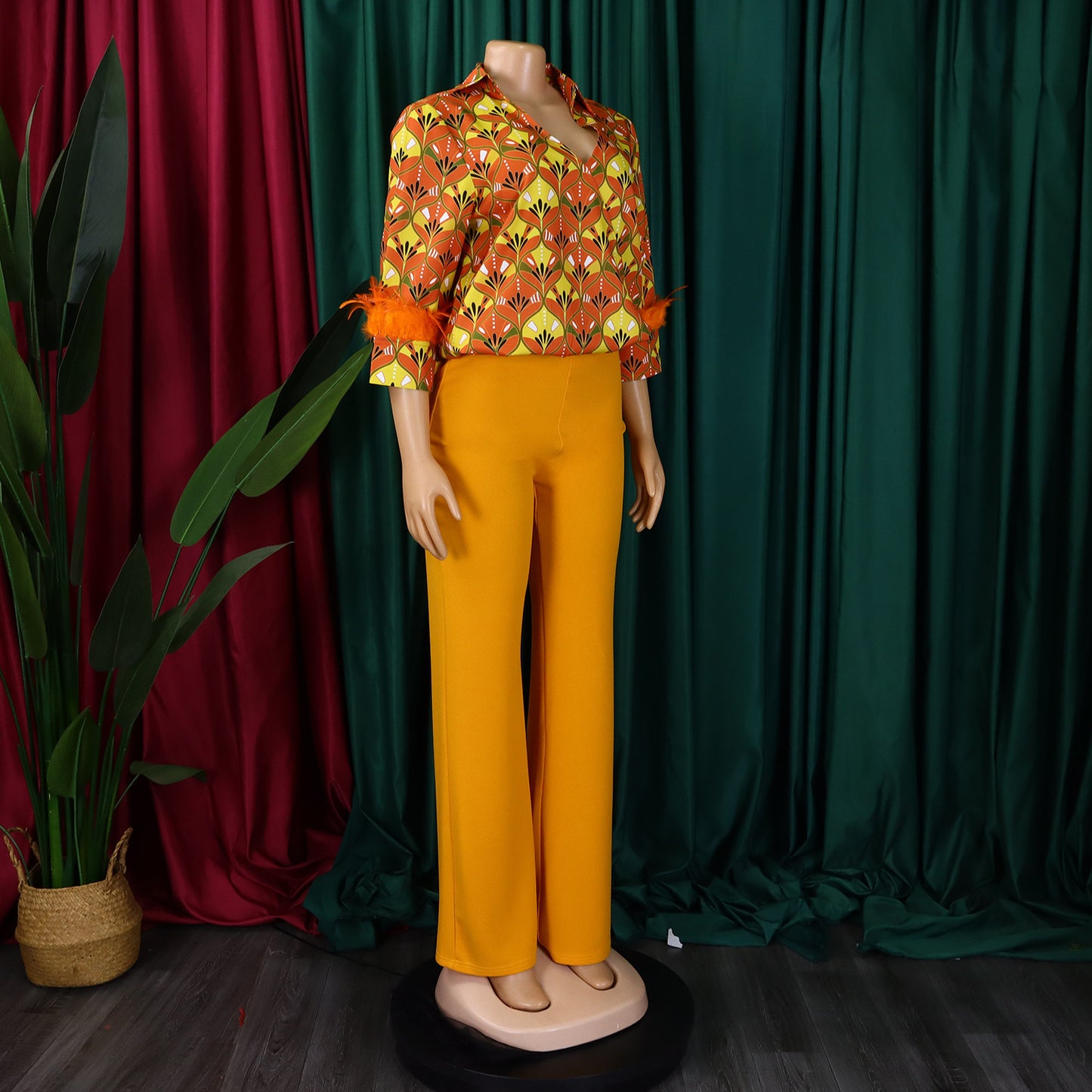 Printed Long Sleeve Shirt Elegant Wide Leg Pants Fashion Set