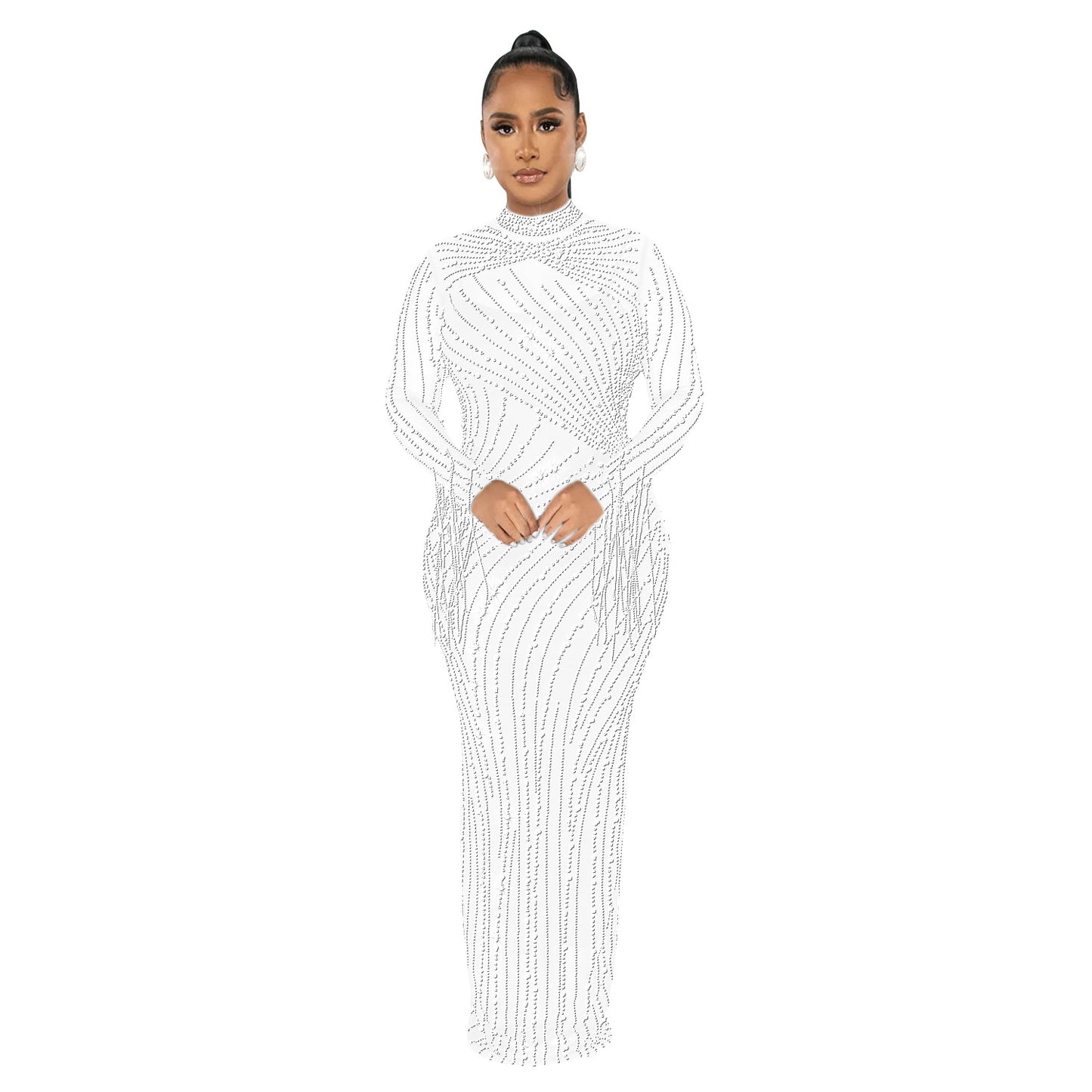 European and American Fashion Women's Clothing Mesh See-through Rhinestone Long Sleeve Long Dress Lined Two-piece Set