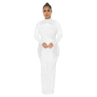 European and American Fashion Women's Clothing Mesh See-through Rhinestone Long Sleeve Long Dress Lined Two-piece Set