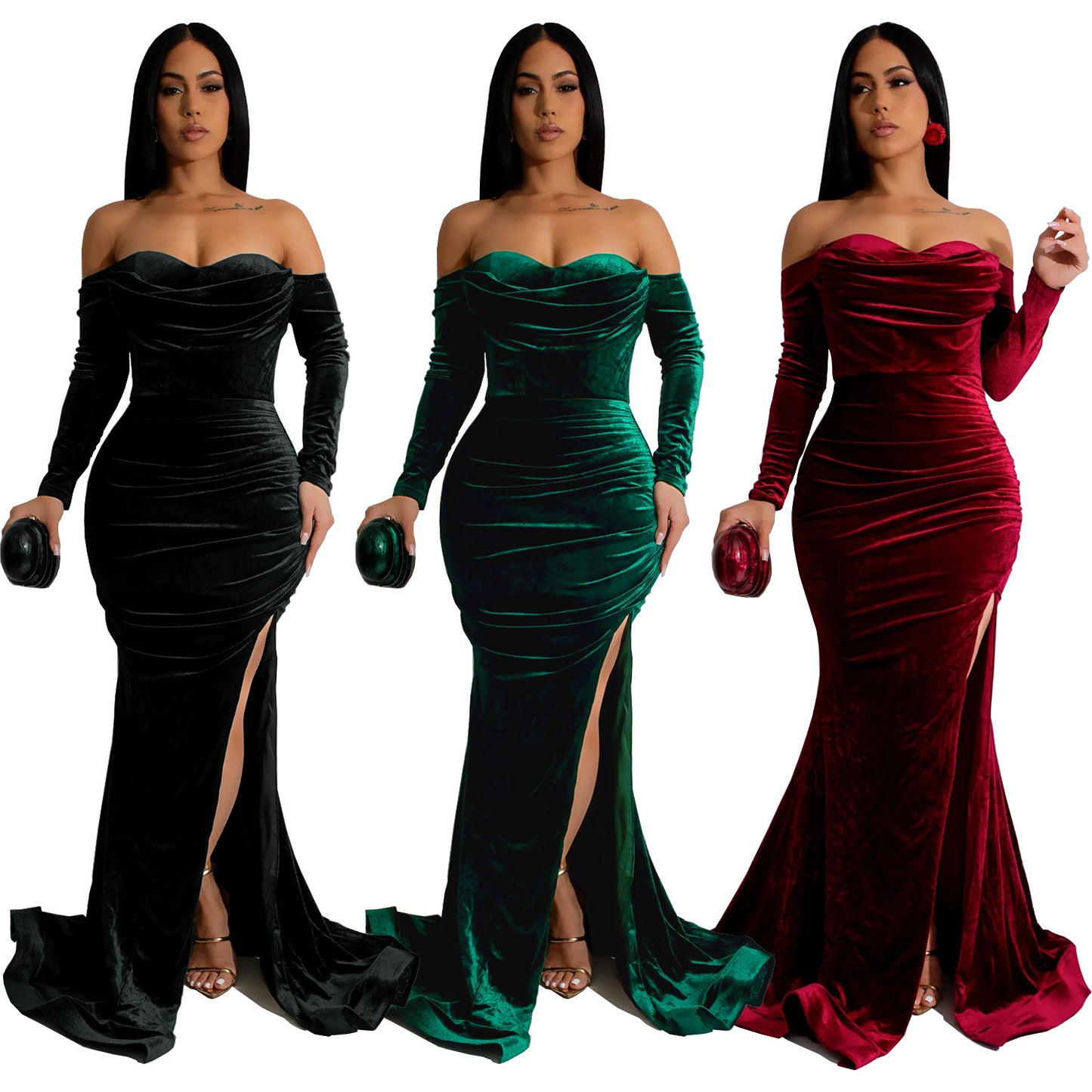 European and American Fashion Women's Solid Color Slit Evening Dress Low-Cut Dress New