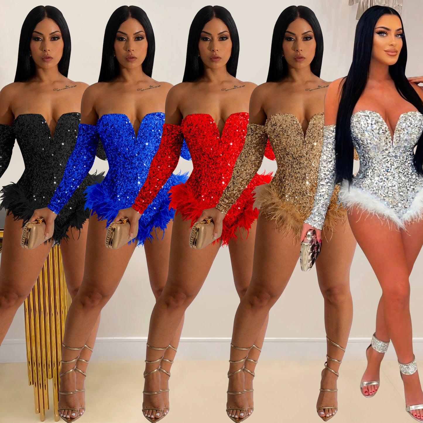 European and American Fashion Women's Solid Color Sequin Long Sleeve Short Jumpsuit