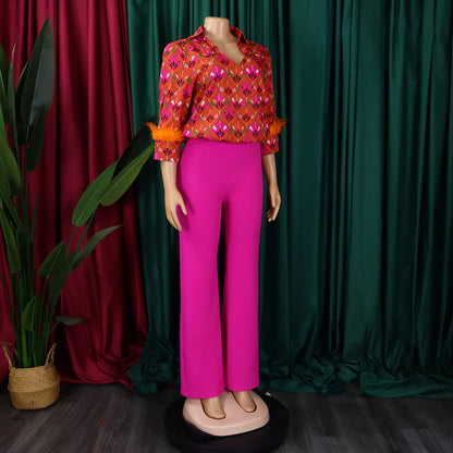 Printed Long Sleeve Shirt Elegant Wide Leg Pants Fashion Set