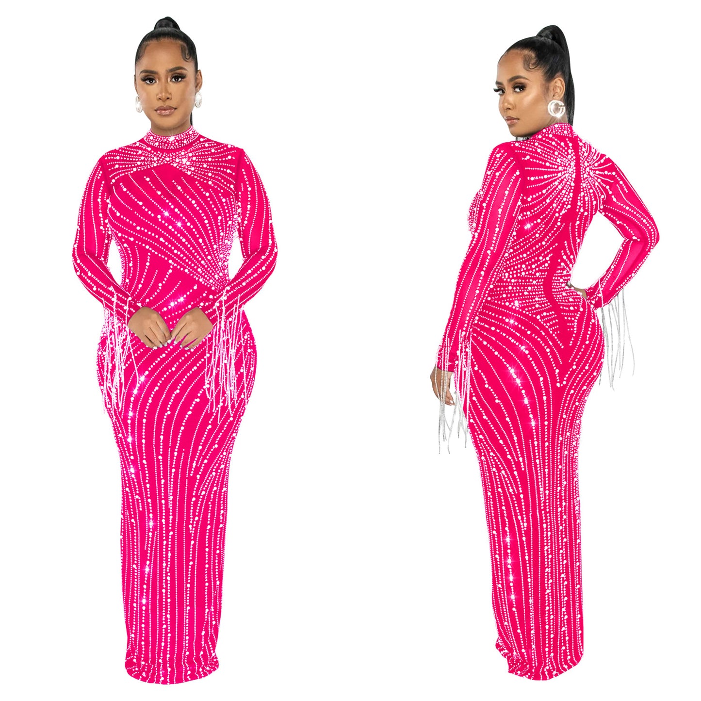 European and American Fashion Women's Clothing Mesh See-through Rhinestone Long Sleeve Long Dress Lined Two-piece Set