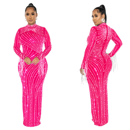 European and American Fashion Women's Clothing Mesh See-through Rhinestone Long Sleeve Long Dress Lined Two-piece Set