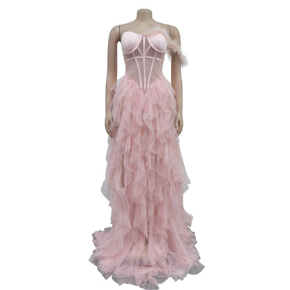 European and American Fashion Women's Solid Color Sleeveless Tube Top Mesh Long Dress