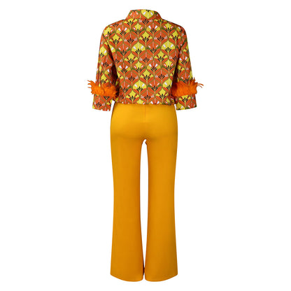 Printed Long Sleeve Shirt Elegant Wide Leg Pants Fashion Set