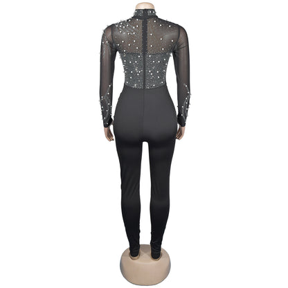 European and American Fashion Women's Solid Color Mesh Rhinestone Long Sleeve Long Pants Jumpsuit