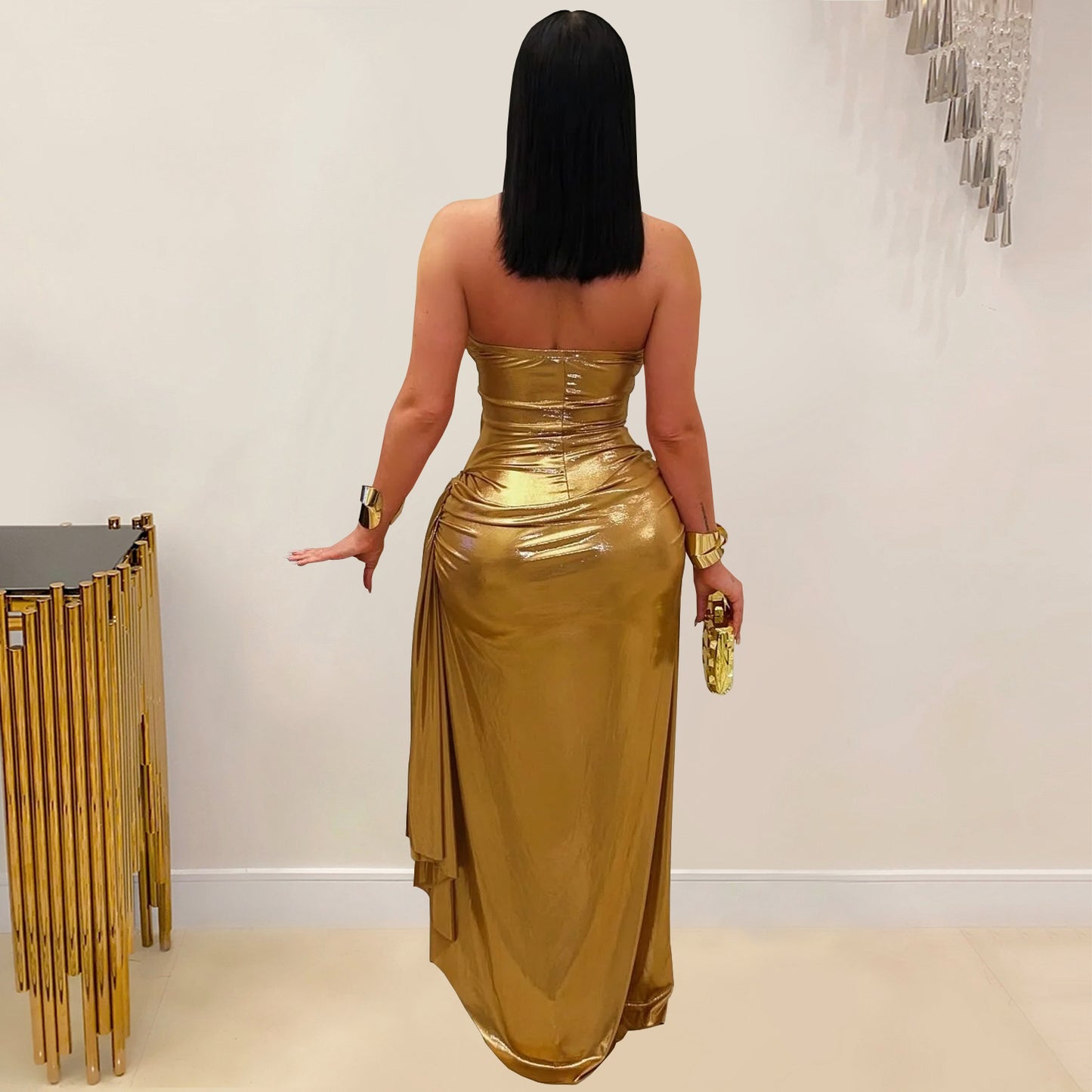 Women's Sexy Halter Neck Gold Chain Ruched Bodycon Dress