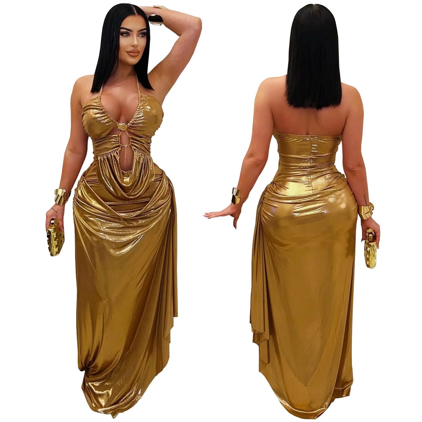 Women's Sexy Halter Neck Gold Chain Ruched Bodycon Dress