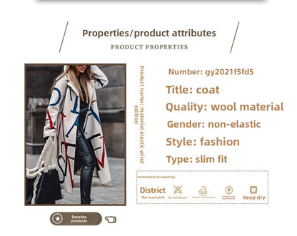 European and American Autumn Winter New Women's Loose Plus Size Printed Trench Coat with Turn-Down Collar Women's Coat