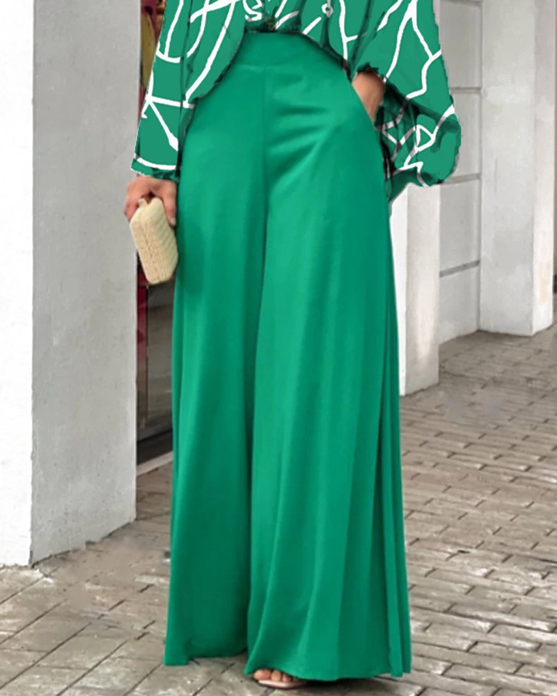 Summer Loose Plus Size Fashion Casual Printed Wide-Leg Pants Two-Piece Set