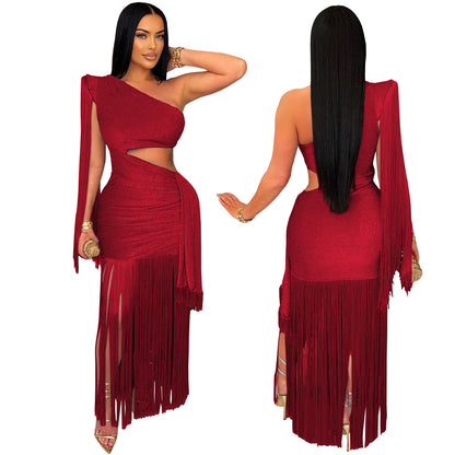 European and American Fashion Women's Sexy Casual One-Shoulder Tassel Long Dress