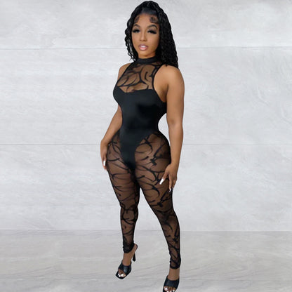 European and American Fashion Women's Solid Color Floral Mesh Sleeveless Long Pants Jumpsuit for Women