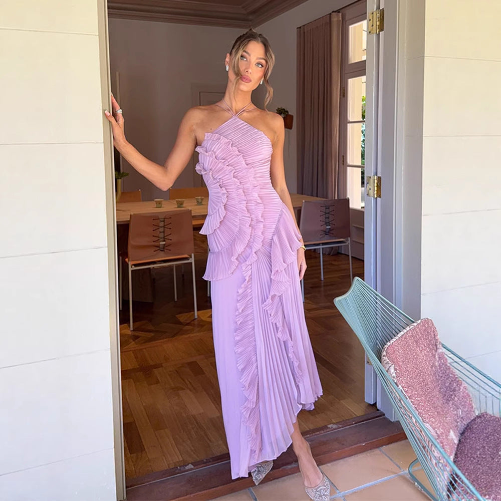 Summer Women's New Fashion Elegant Socialite Ruffled Pleated Halter Neck Strap Dress Long Dress for Women