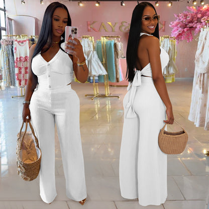 European and American Fashion Women's Casual Halter Neck Tie Top and Long Pants Two-Piece Set