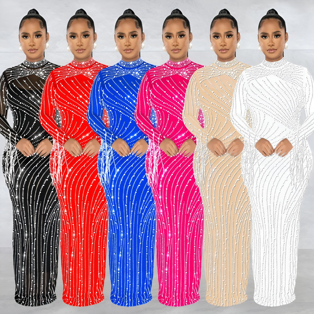 European and American Fashion Women's Clothing Mesh See-through Rhinestone Long Sleeve Long Dress Lined Two-piece Set