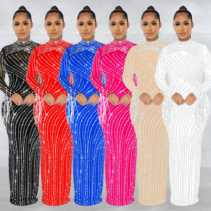 European and American Fashion Women's Clothing Mesh See-through Rhinestone Long Sleeve Long Dress Lined Two-piece Set