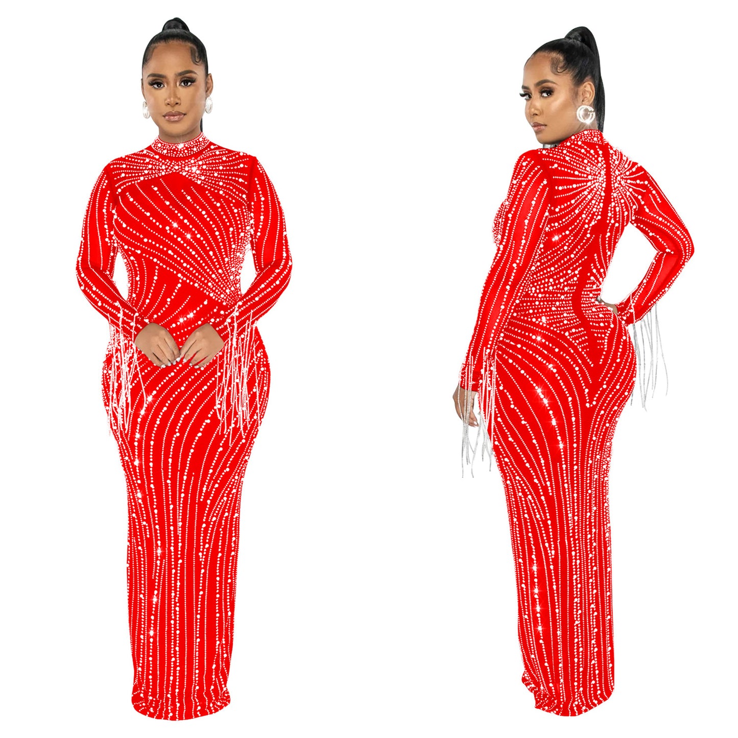 European and American Fashion Women's Clothing Mesh See-through Rhinestone Long Sleeve Long Dress Lined Two-piece Set