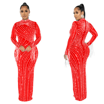 European and American Fashion Women's Clothing Mesh See-through Rhinestone Long Sleeve Long Dress Lined Two-piece Set