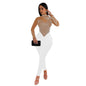European and American Fashion Women's Solid Color Mesh Rhinestone Long Sleeve Long Pants Jumpsuit
