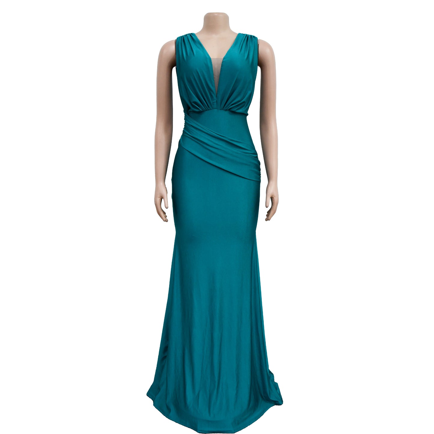 Fashion Women's Solid Color V-Neck Sleeveless Ruched Long Dress