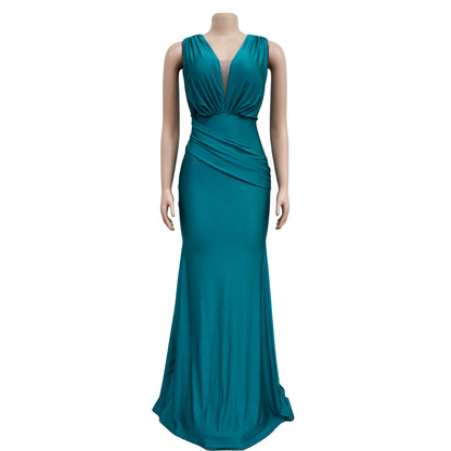 Fashion Women's Solid Color V-Neck Sleeveless Ruched Long Dress
