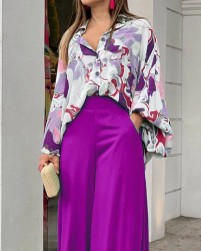 Summer Loose Plus Size Fashion Casual Printed Wide-Leg Pants Two-Piece Set