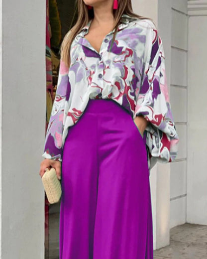 Summer Loose Plus Size Fashion Casual Printed Wide-Leg Pants Two-Piece Set