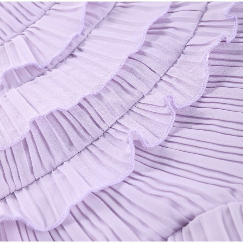 Summer Women's New Fashion Elegant Socialite Ruffled Pleated Halter Neck Strap Dress Long Dress for Women